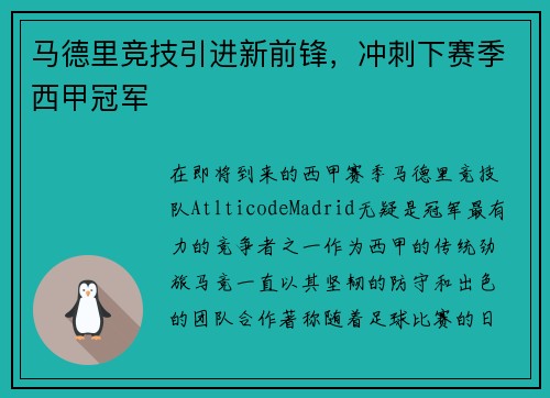 马德里竞技引进新前锋，冲刺下赛季西甲冠军